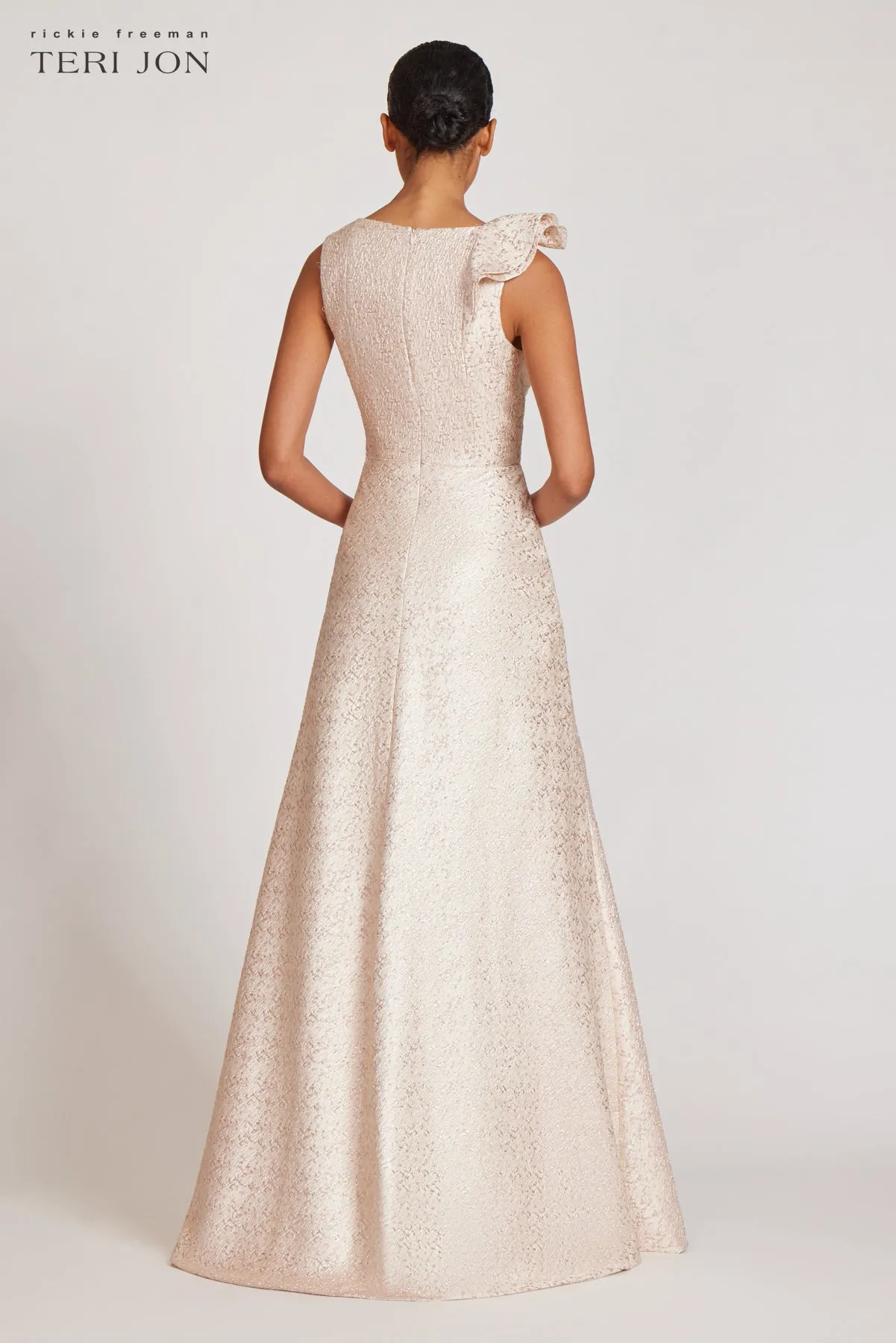 Metallic Jacquard Asymmetrical Ruffle Gown sold by Teri Jon product image thumbnail 4