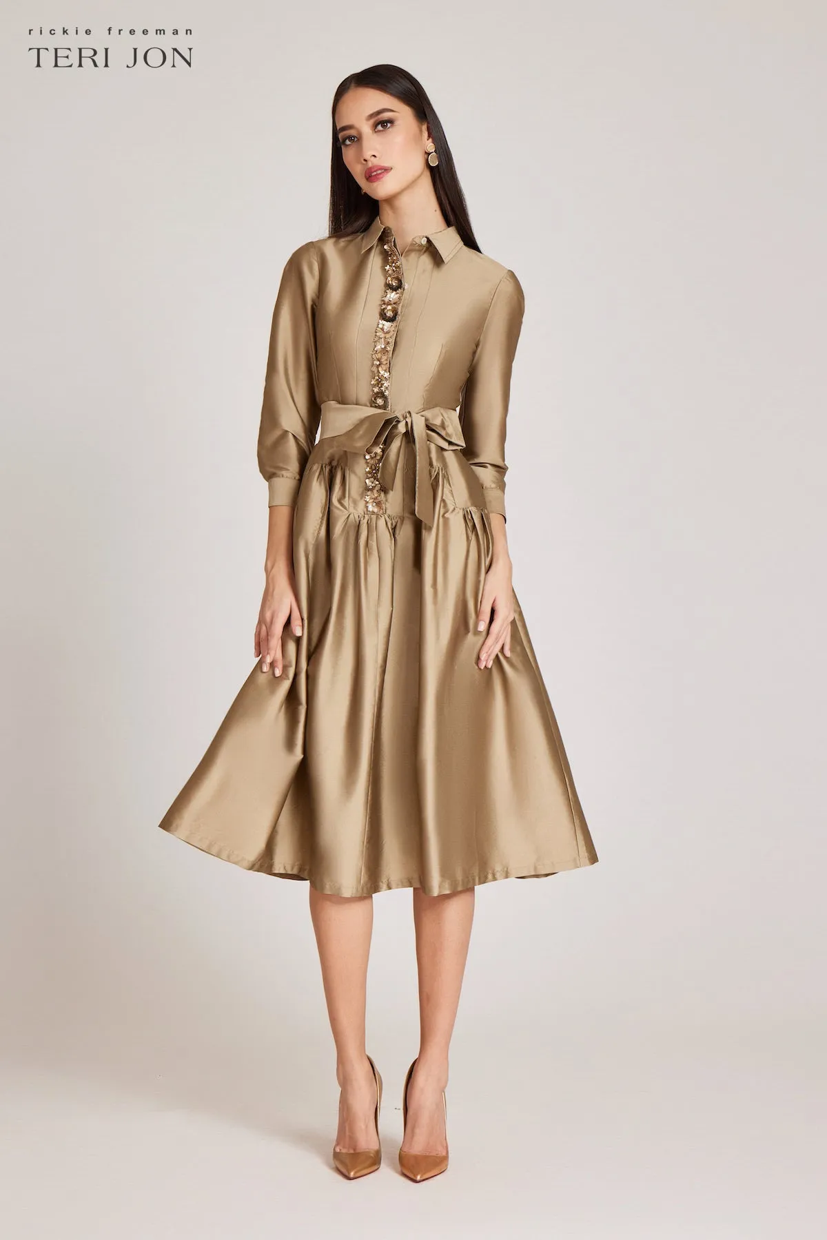 Taffeta Shirtdress With Beaded Placket sold by Teri Jon product image thumbnail 2