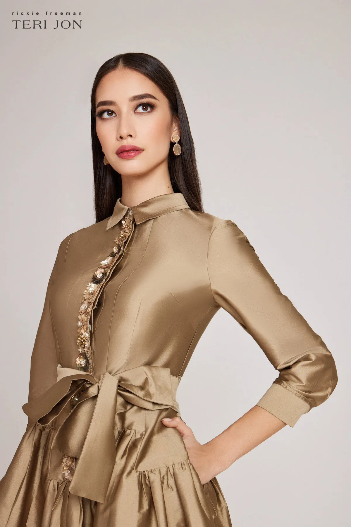 Taffeta Shirtdress With Beaded Placket sold by Teri Jon product image thumbnail 3