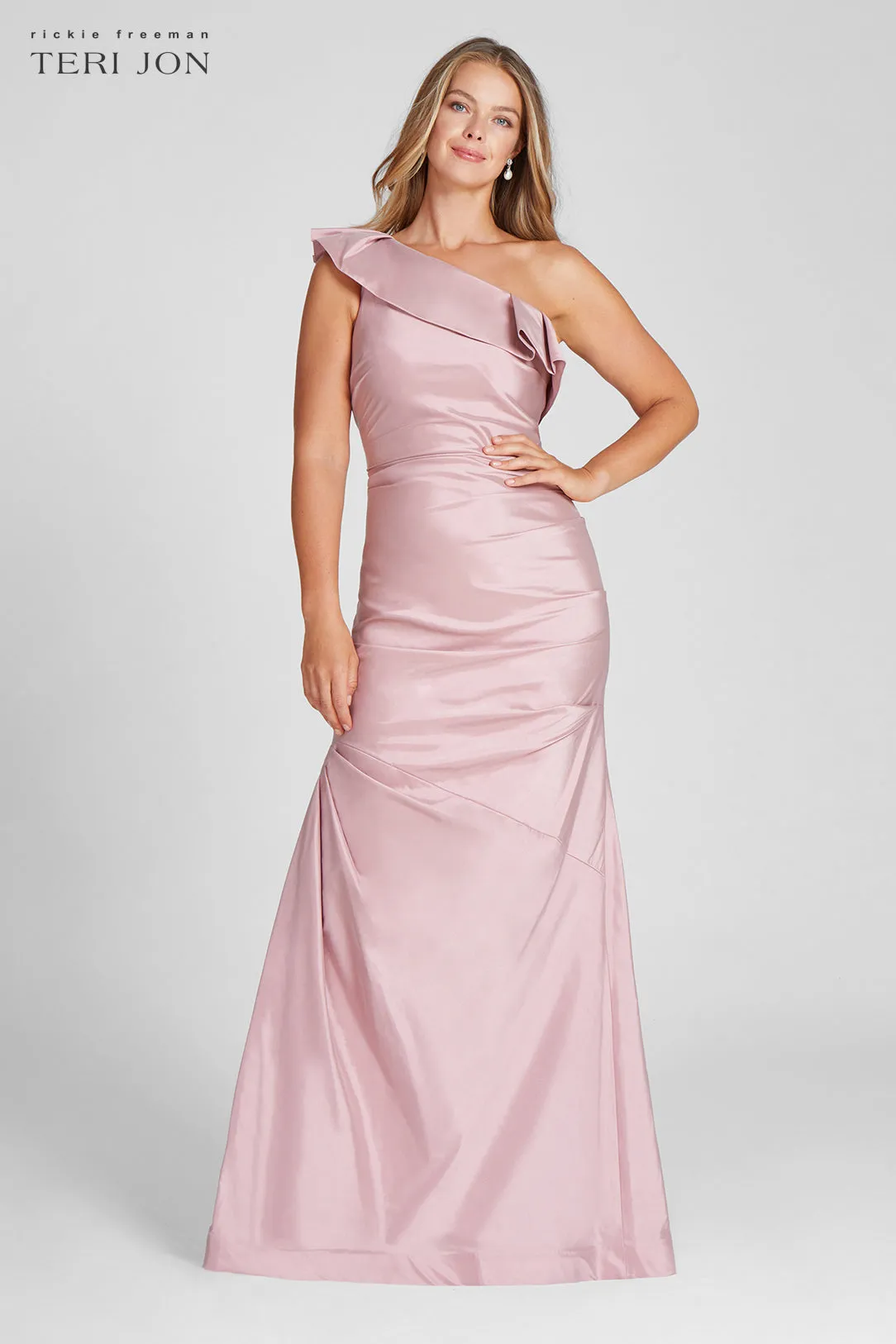 One Shoulder Pleat Draped Stretch Taffeta Gown sold by Teri Jon product image thumbnail 2