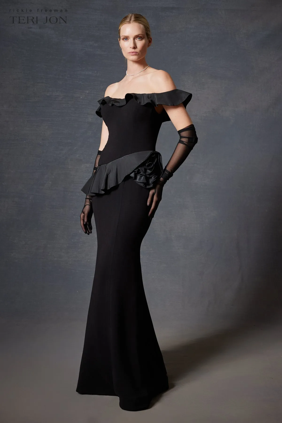 Crepe And Taffeta Ruffle Trim Gown sold by Teri Jon