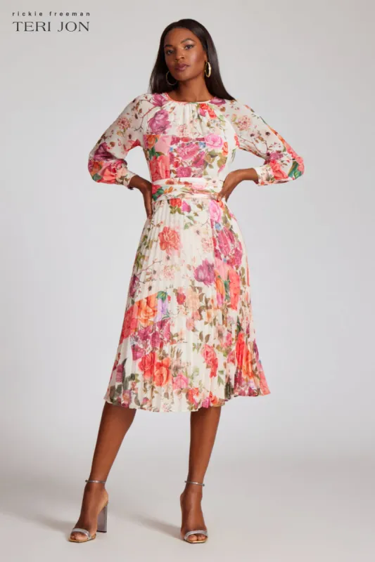 Chiffon Pleated Skirt Floral Print Dress sold by Teri Jon