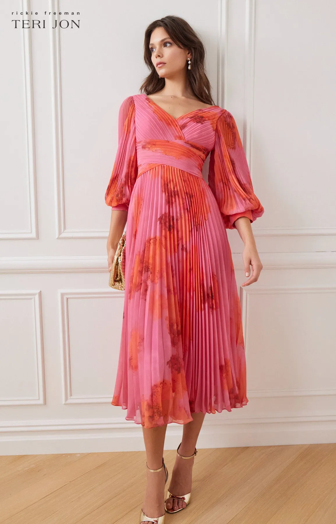 Printed Chiffon Pleated Full Sleeve Dress sold by Teri Jon product image thumbnail 4