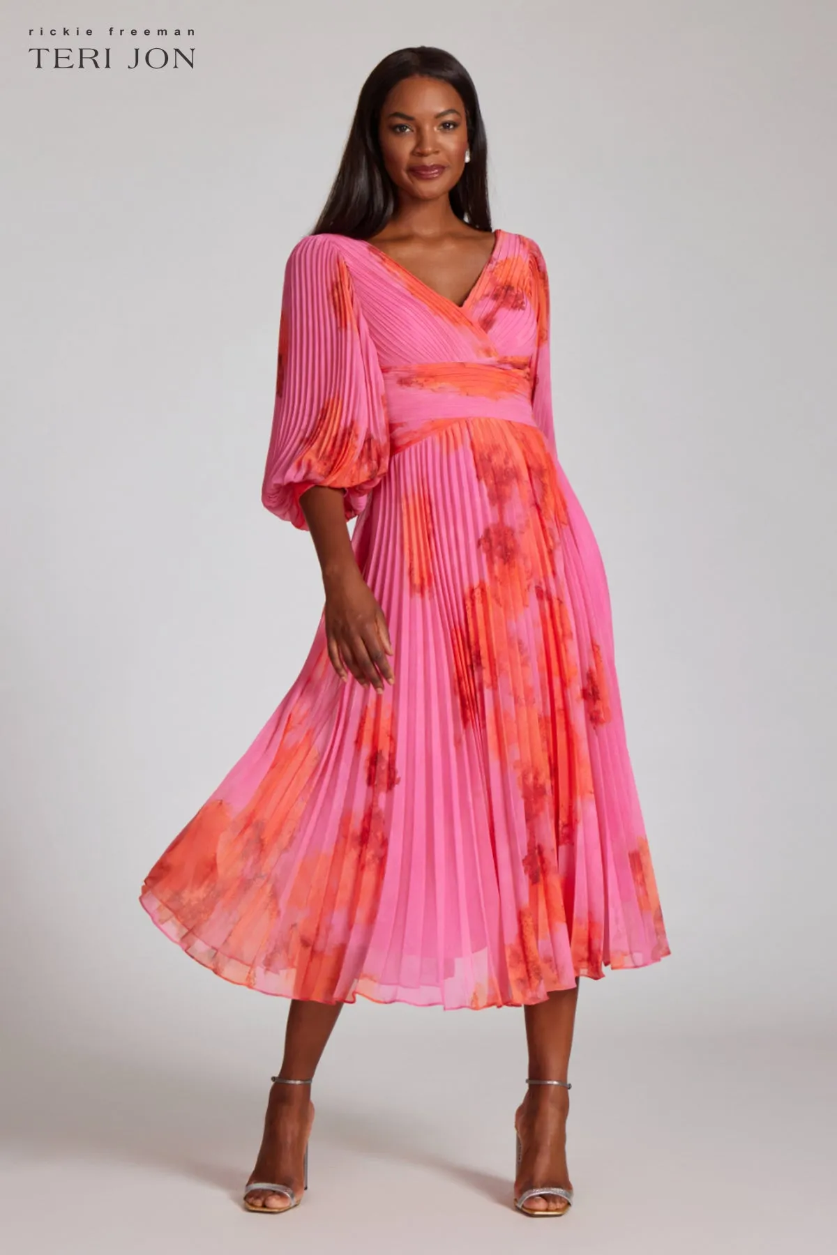 Printed Chiffon Pleated Full Sleeve Dress sold by Teri Jon