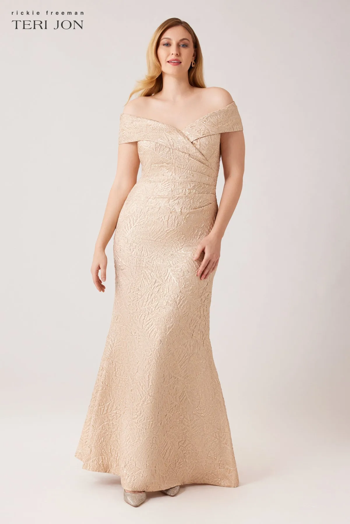 Metallic Jacquard Portrait Collar Side Drape Gown sold by Teri Jon product image thumbnail 2