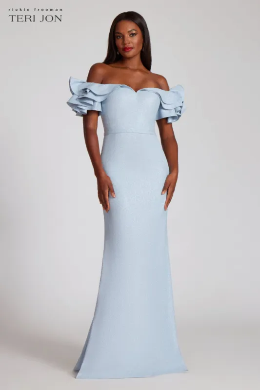 Jacquard Off the Shoulder Form Fitting Gown sold by Teri Jon