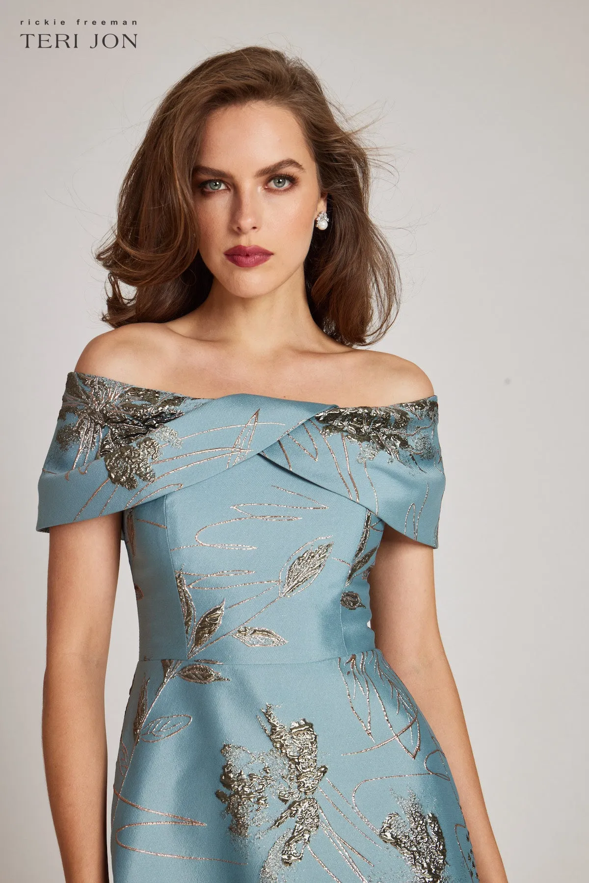 Off Shoulder Metallic Jacquard A Line Skirt Gown sold by Teri Jon product image thumbnail 4