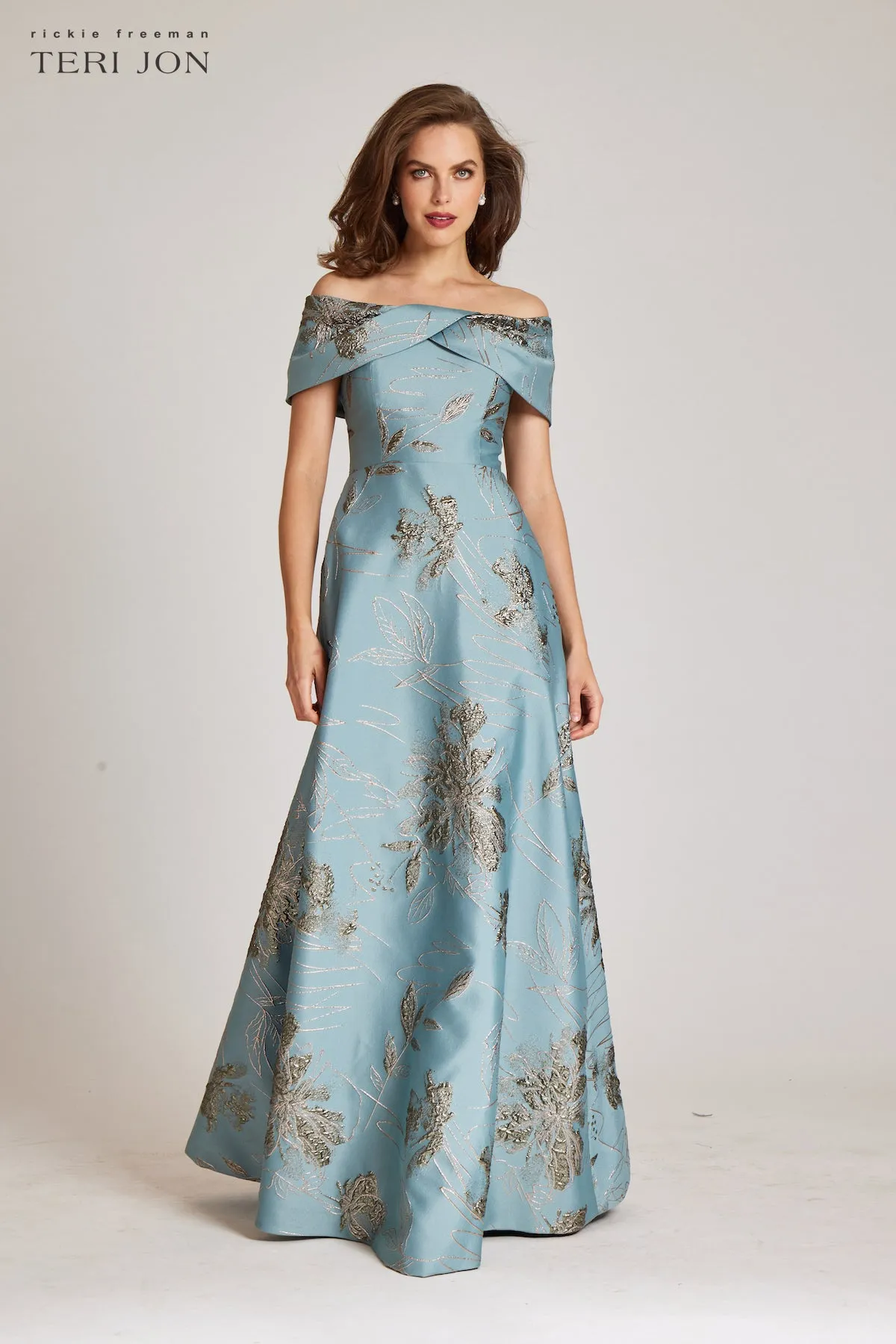 Off Shoulder Metallic Jacquard A Line Skirt Gown sold by Teri Jon product image thumbnail 3