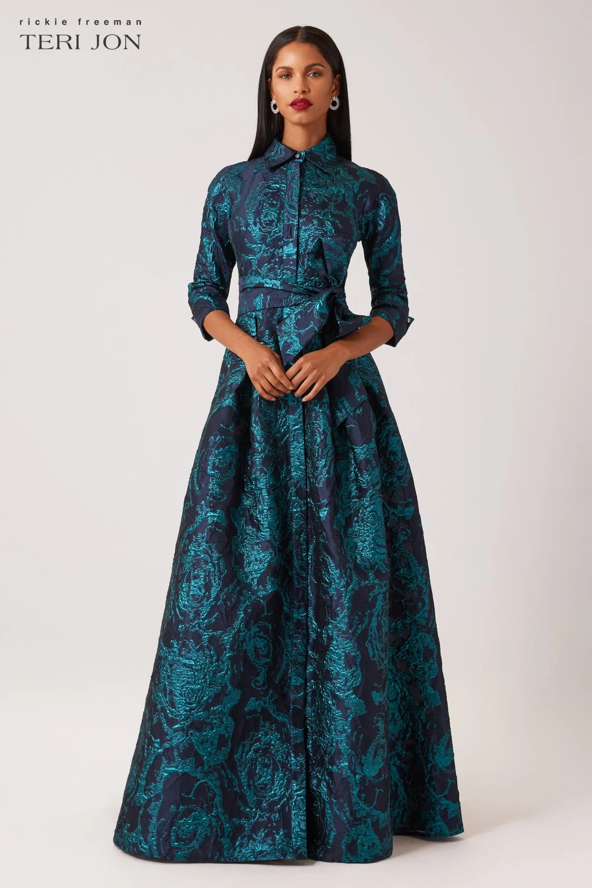 Metallic Jacquard Abstract Print Shirtdress sold by Teri Jon product image thumbnail 3