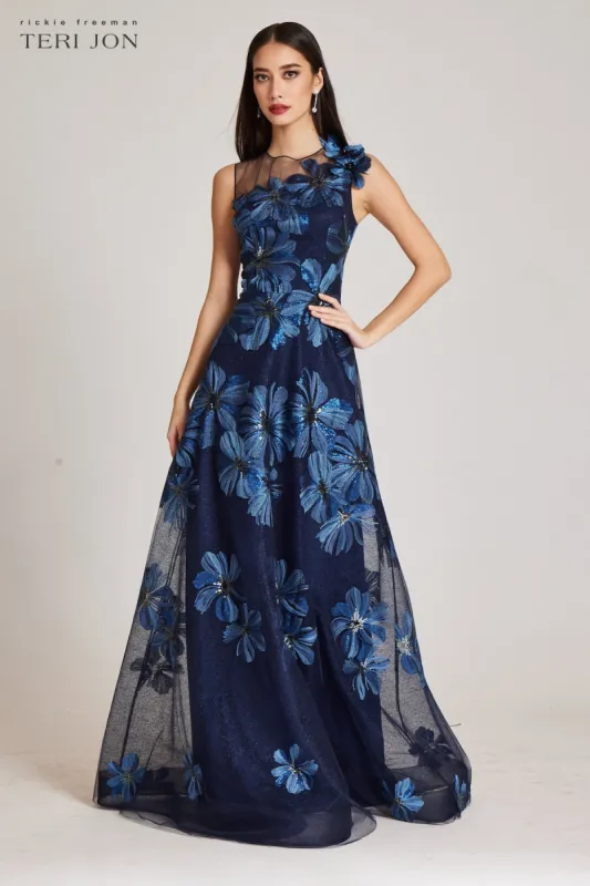 Floral Embroidered Tulle Gown With 3D Flower sold by Teri Jon