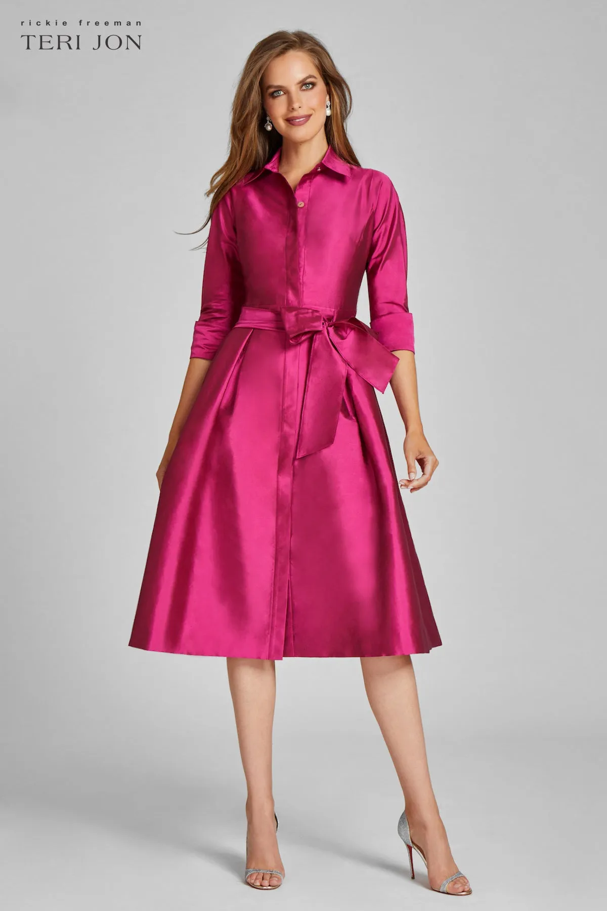3/4 Sleeve Belted Taffeta Shirt Dress sold by Teri Jon product image thumbnail 4