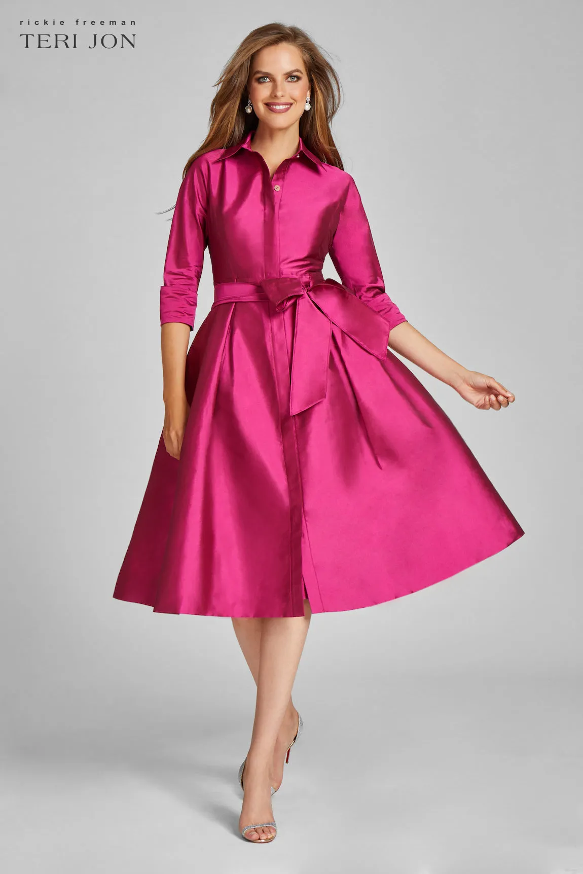 3/4 Sleeve Belted Taffeta Shirt Dress sold by Teri Jon product image thumbnail 3