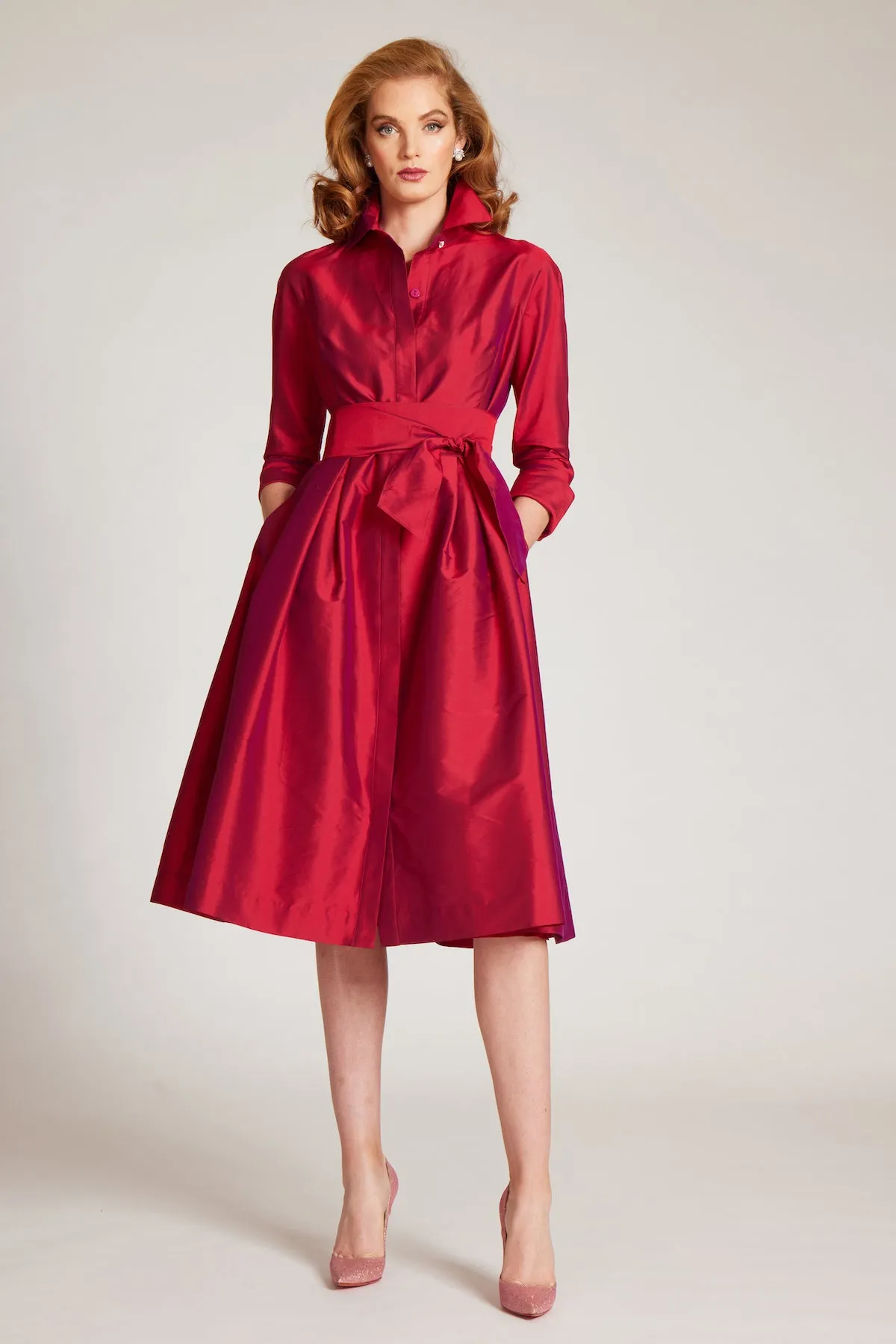 3/4 Sleeve Belted Taffeta Shirt Dress sold by Teri Jon