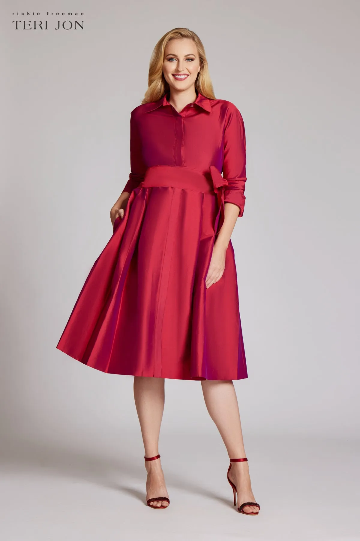 3/4 Sleeve Belted Taffeta Shirt Dress sold by Teri Jon product image thumbnail 2