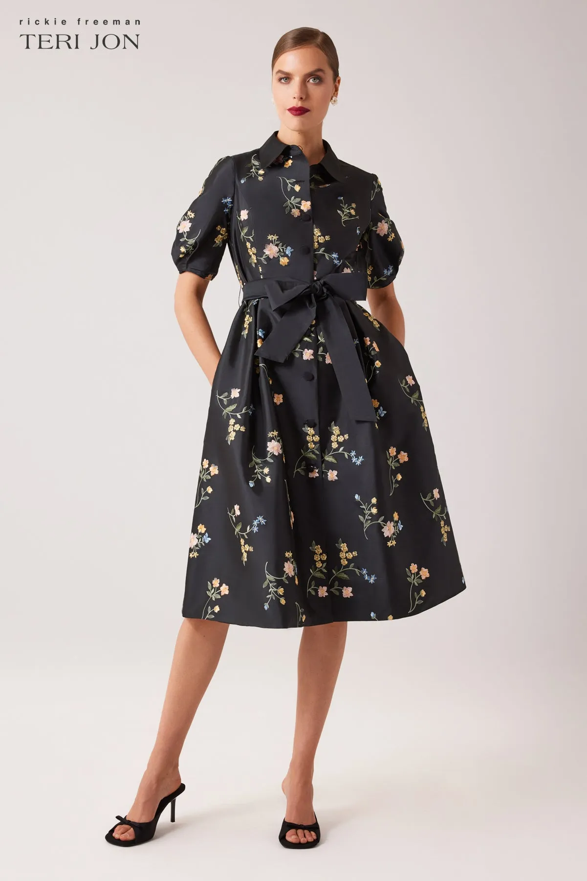 Puff Sleeve Shirt Dress With Floral Multi sold by Teri Jon