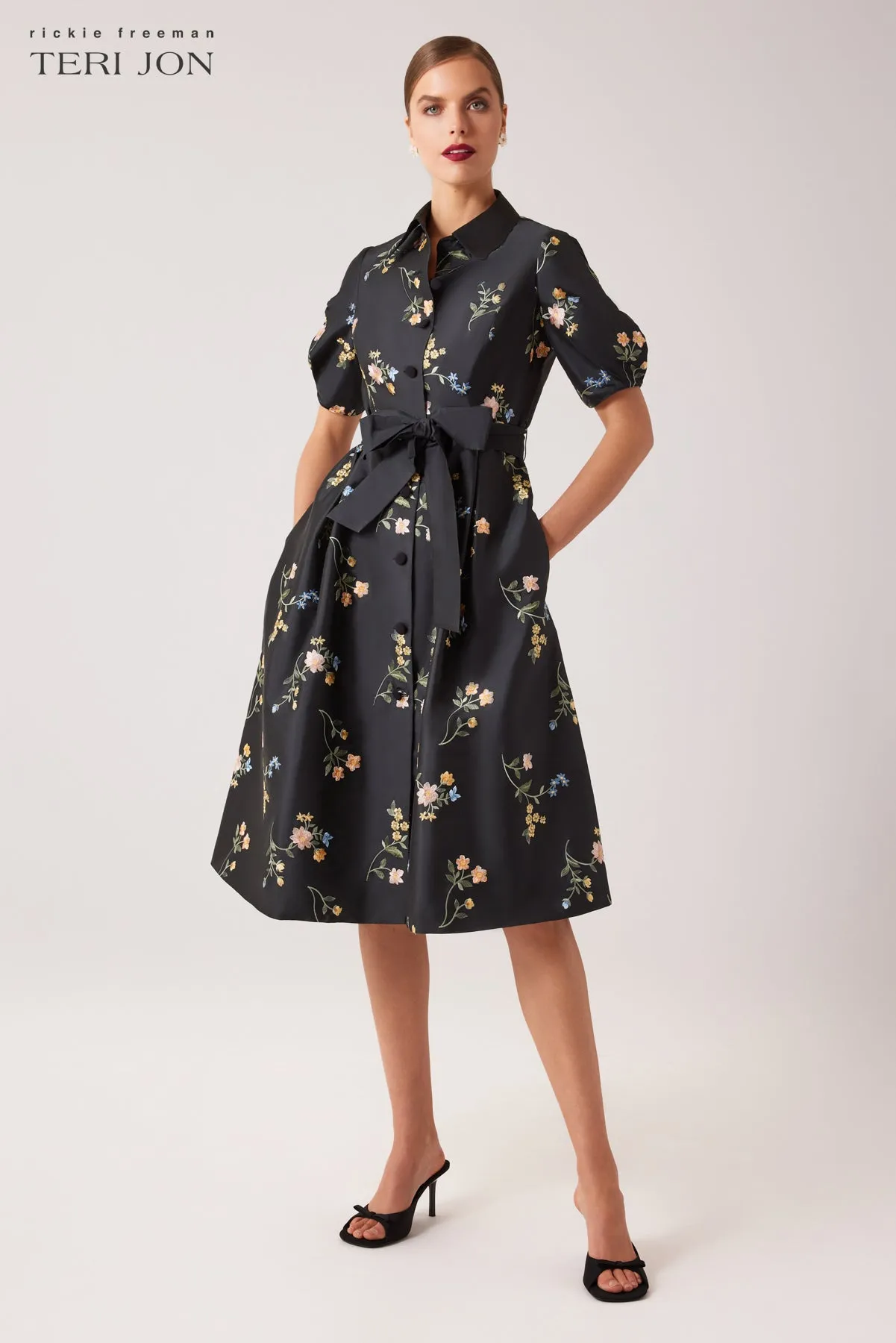 Puff Sleeve Shirt Dress With Floral Multi sold by Teri Jon product image thumbnail 2