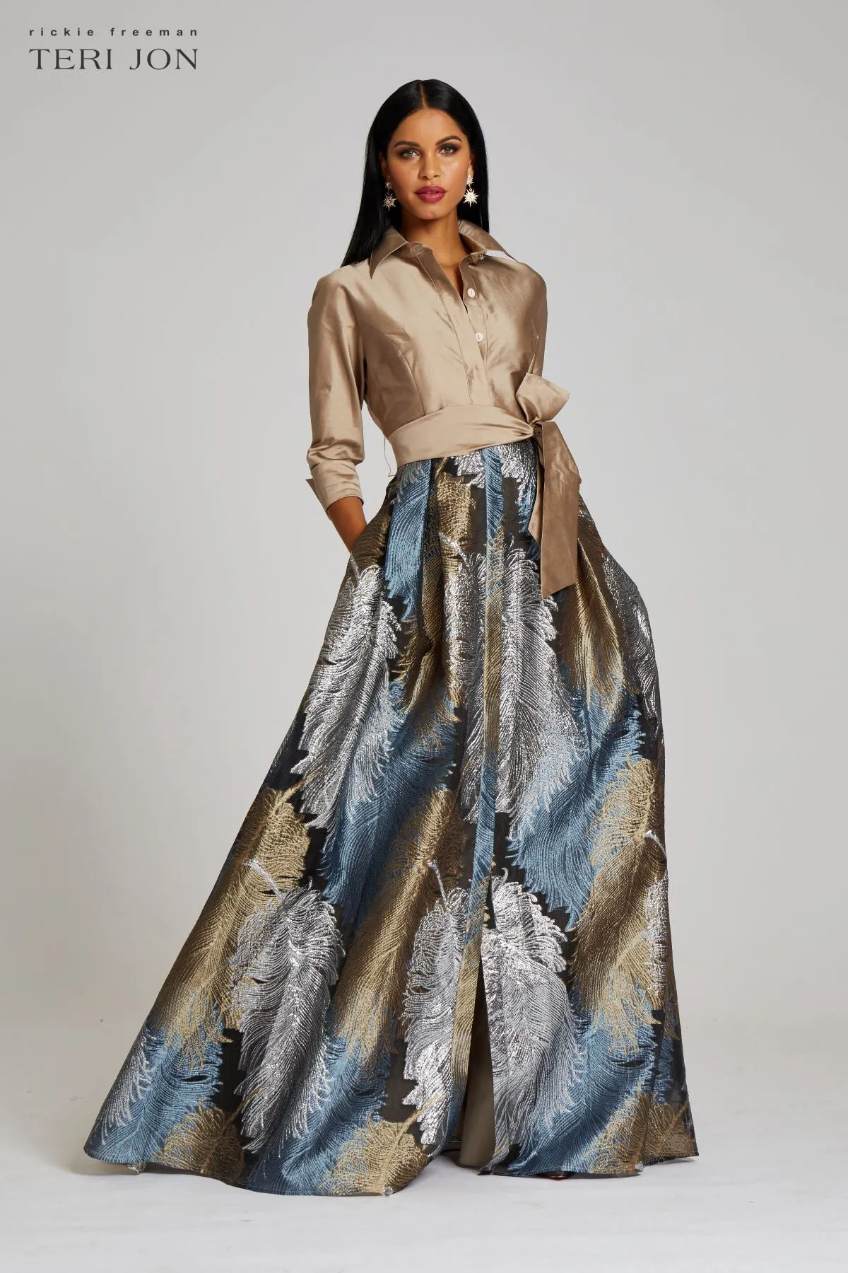 Taffeta Shirt Gown With Feather Pattern sold by Teri Jon