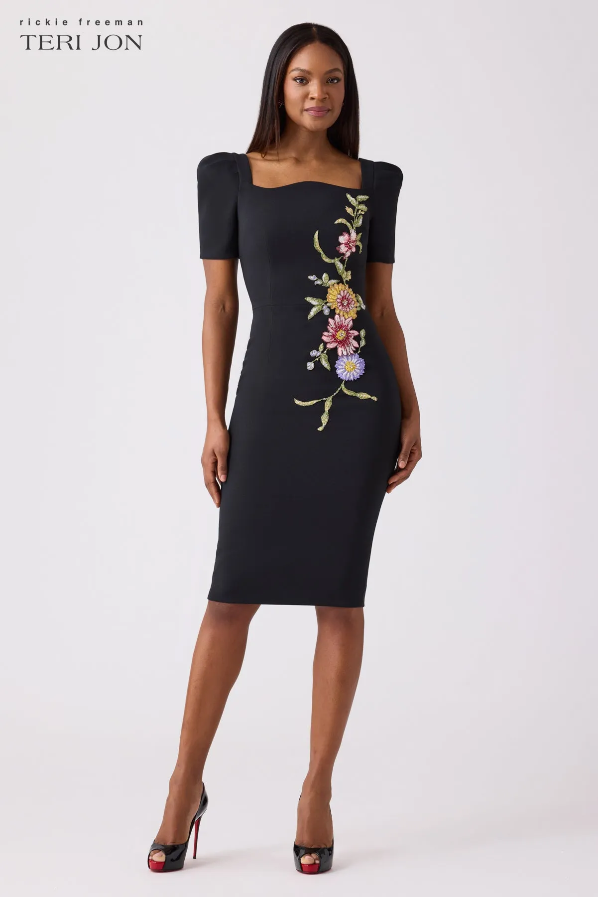 Crepe Embroidered Form Fitting Mini Dress sold by Teri Jon product image thumbnail 2