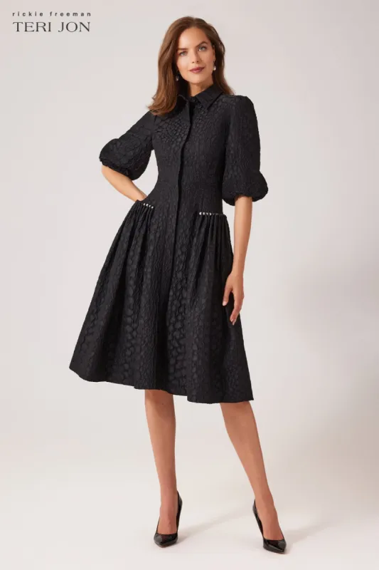 Tonal Jacquard Pearl Trim Shirt Dress sold by Teri Jon