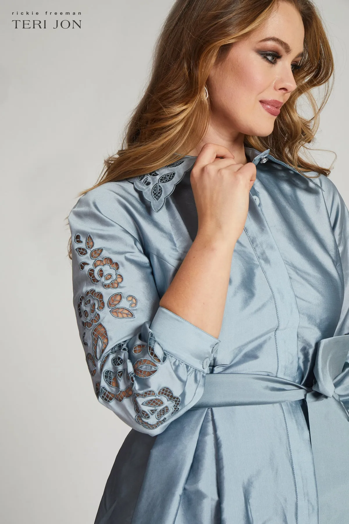 Taffeta Eyelet Collar and Sleeve Shirt Dress sold by Teri Jon product image thumbnail 3