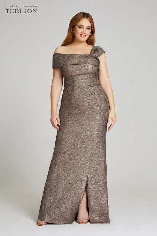 Metallic Jacquard Asymmetrical Shoulder Gown sold by Teri Jon product image thumbnail 2