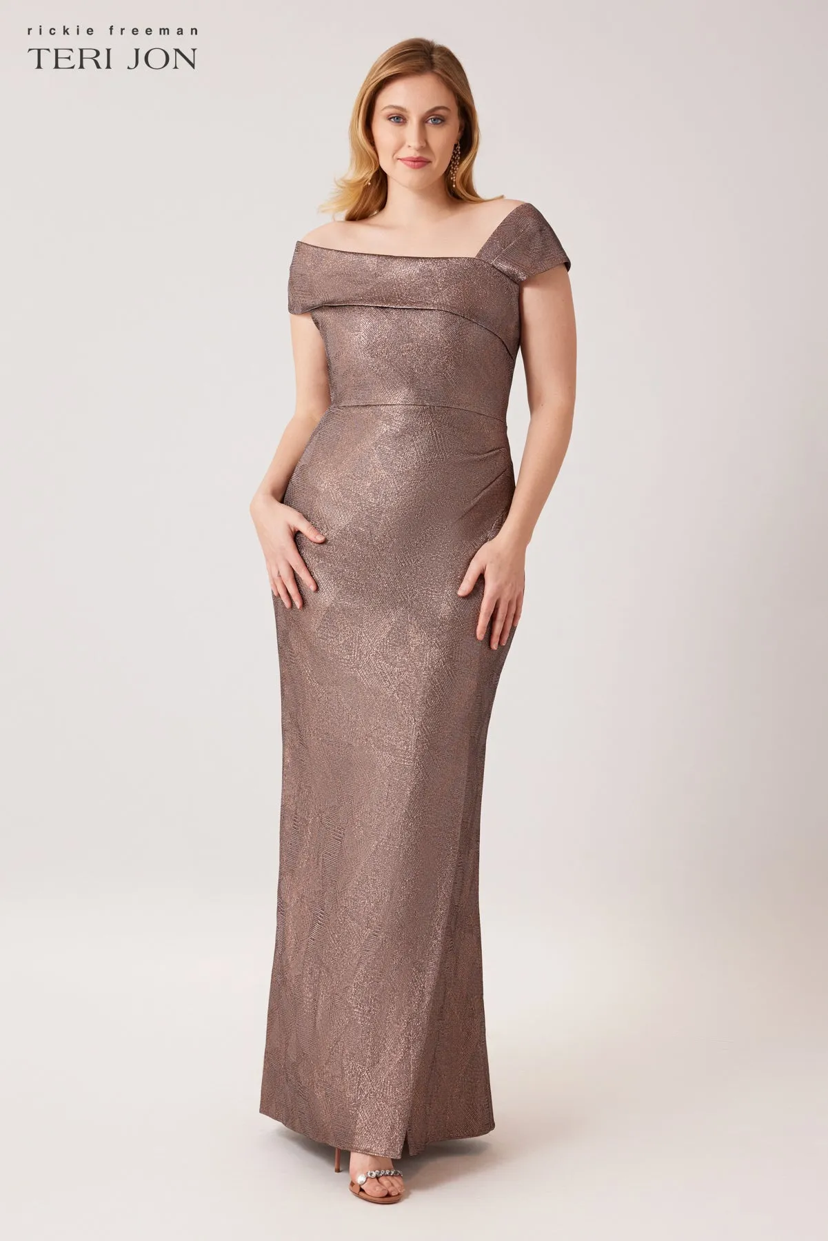 Metallic Jacquard Asymmetrical Shoulder Gown sold by Teri Jon product image thumbnail 3