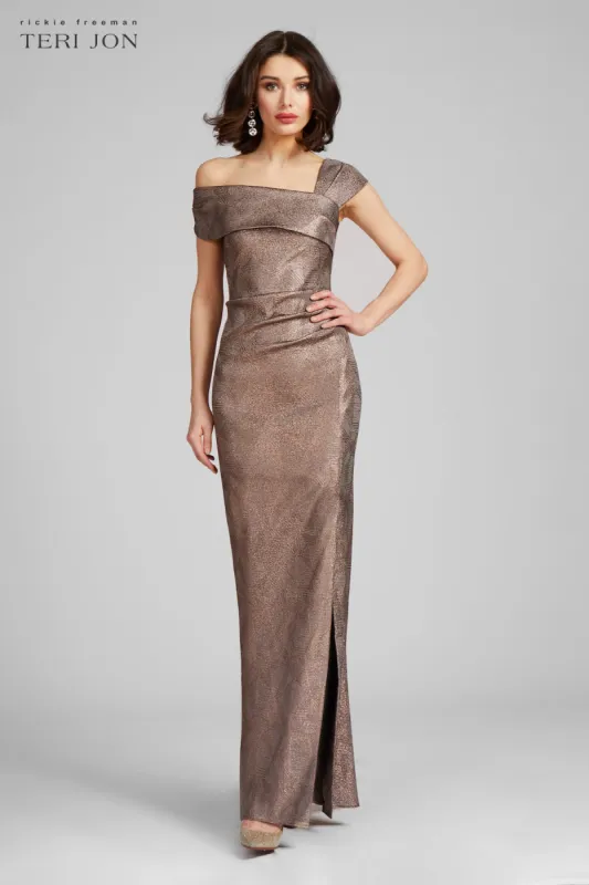 Metallic Jacquard Asymmetrical Shoulder Gown sold by Teri Jon