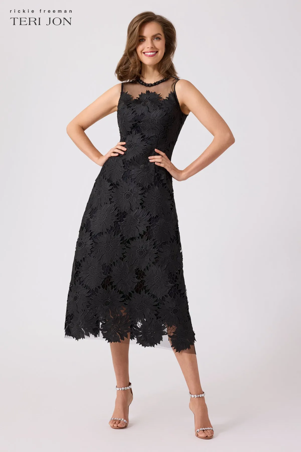 Floral Lace Sleeveless Mesh Yoke With Beaded sold by Teri Jon