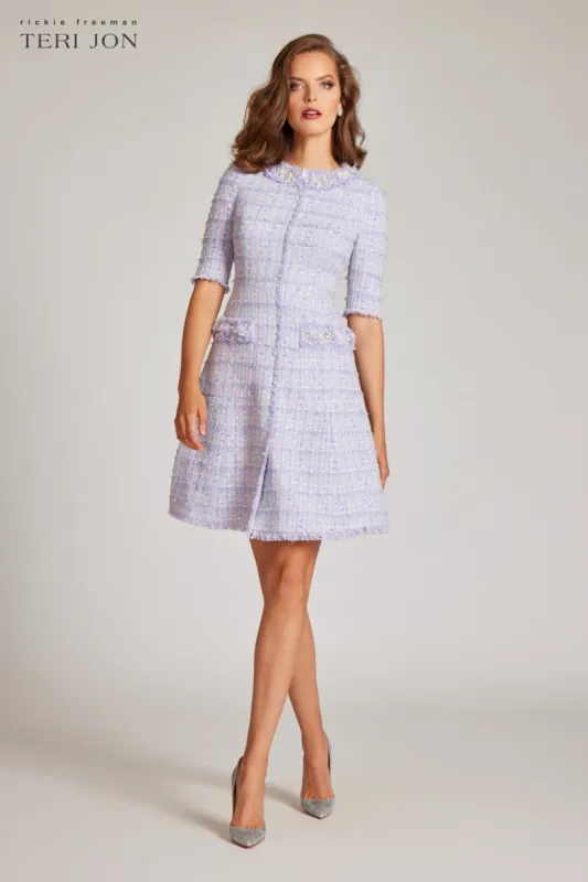 Tweed Elbow Sleeve Jewel Neckline Dress sold by Teri Jon