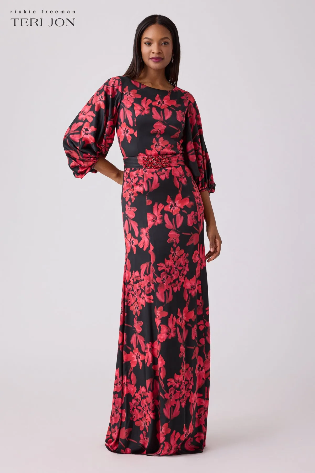 Silk Floral Jewel Belt Gown sold by Teri Jon product image thumbnail 3