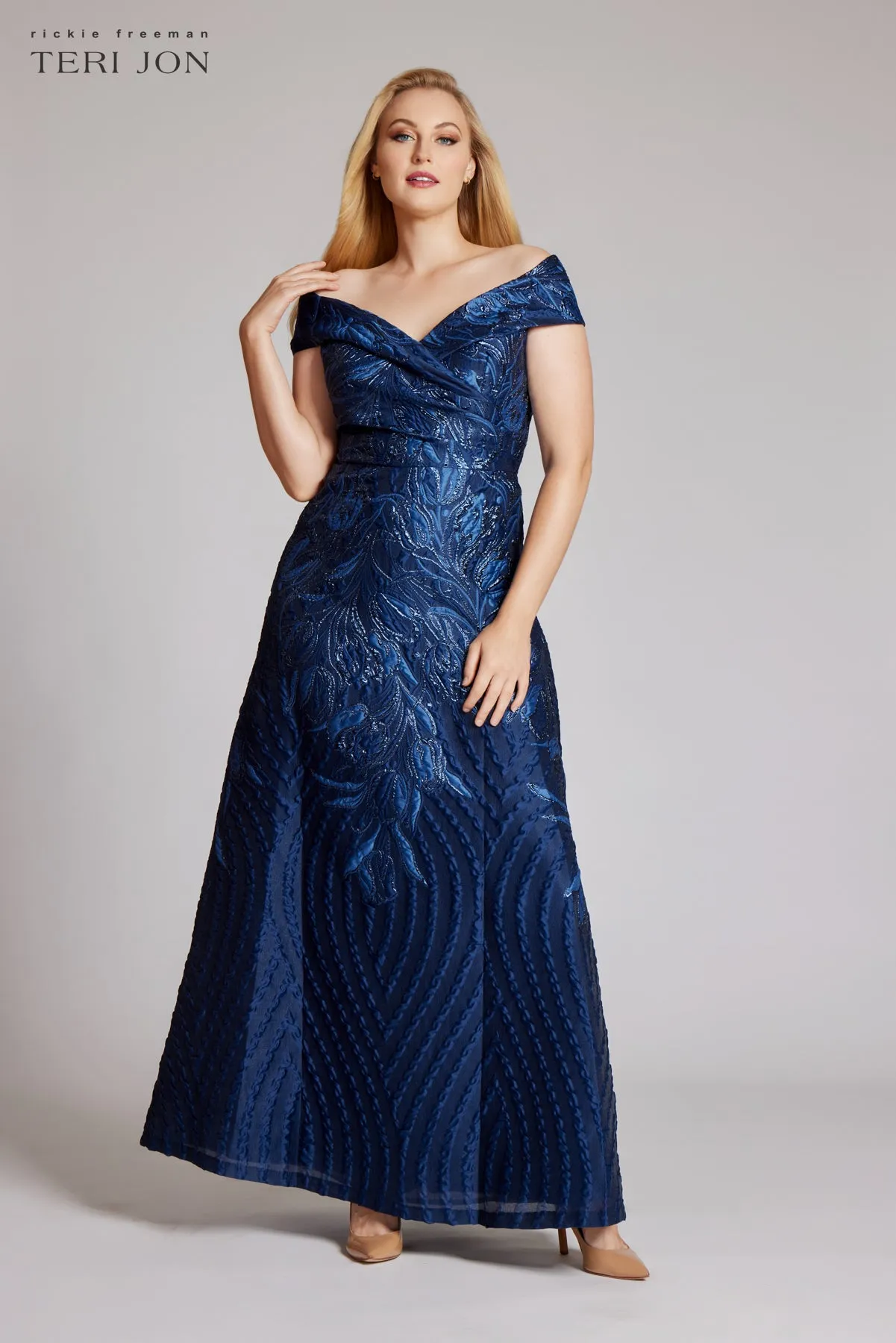 Off Shoulder Textured Metallic Jacquard Gown sold by Teri Jon product image thumbnail 2