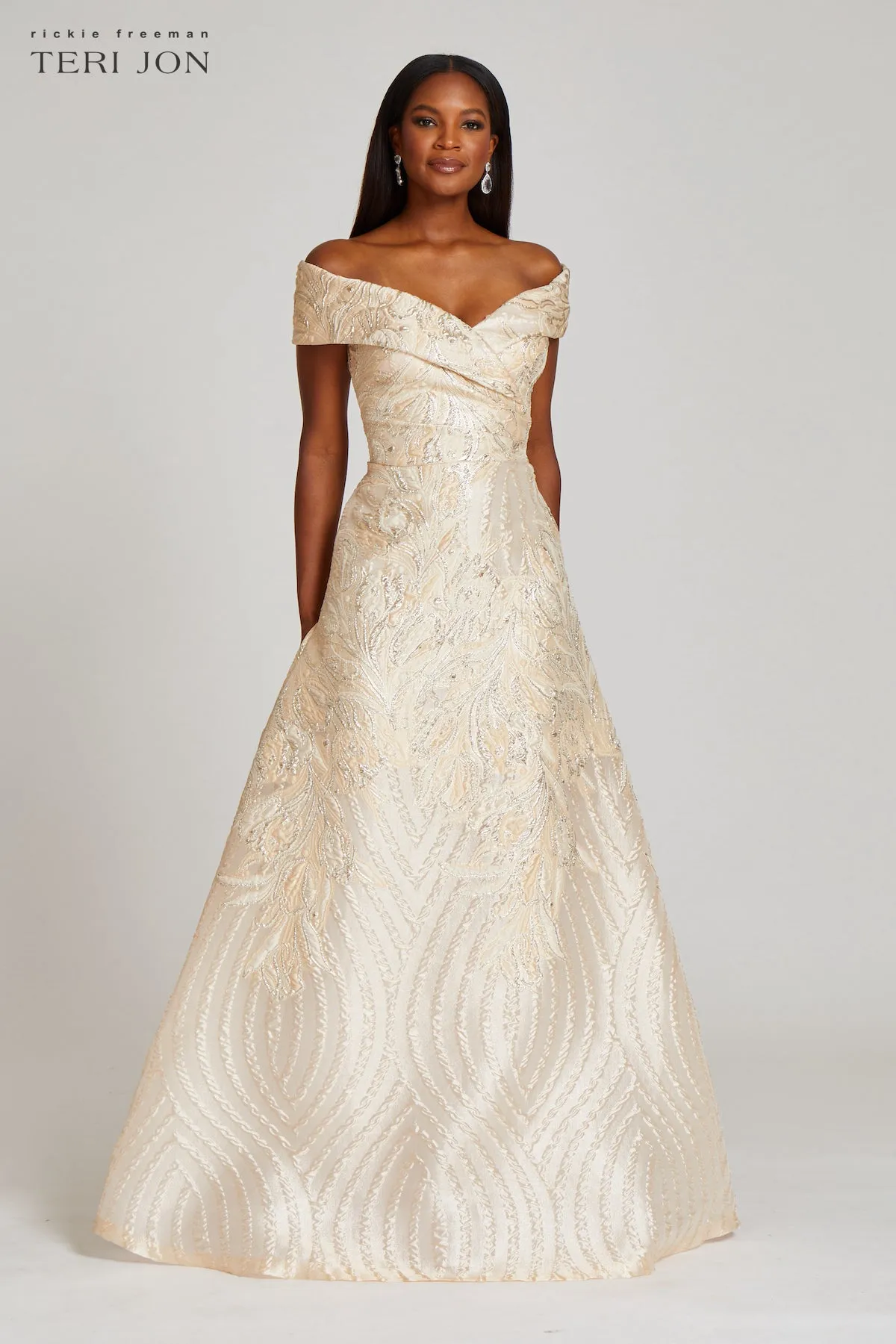 Off Shoulder Textured Metallic Jacquard Gown sold by Teri Jon product image thumbnail 4