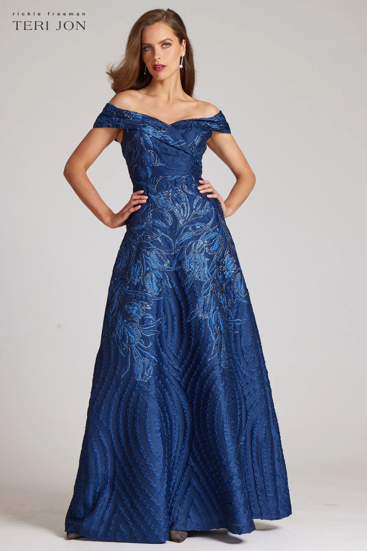 Off Shoulder Textured Metallic Jacquard Gown sold by Teri Jon