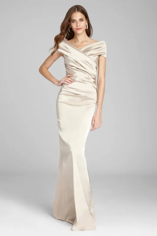 Off The Shoulder Stretch Satin Gown sold by Teri Jon