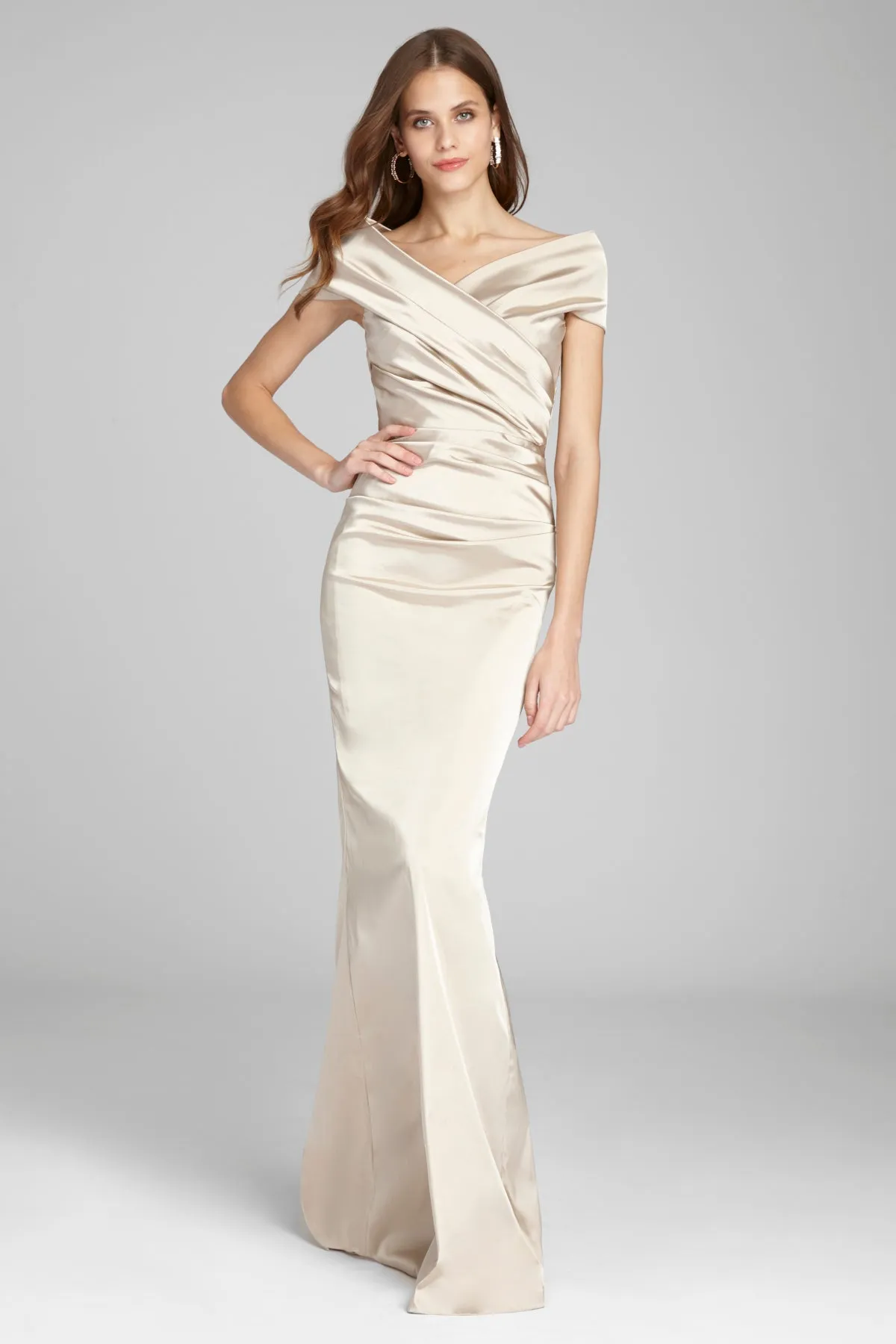 Off The Shoulder Stretch Satin Gown sold by Teri Jon