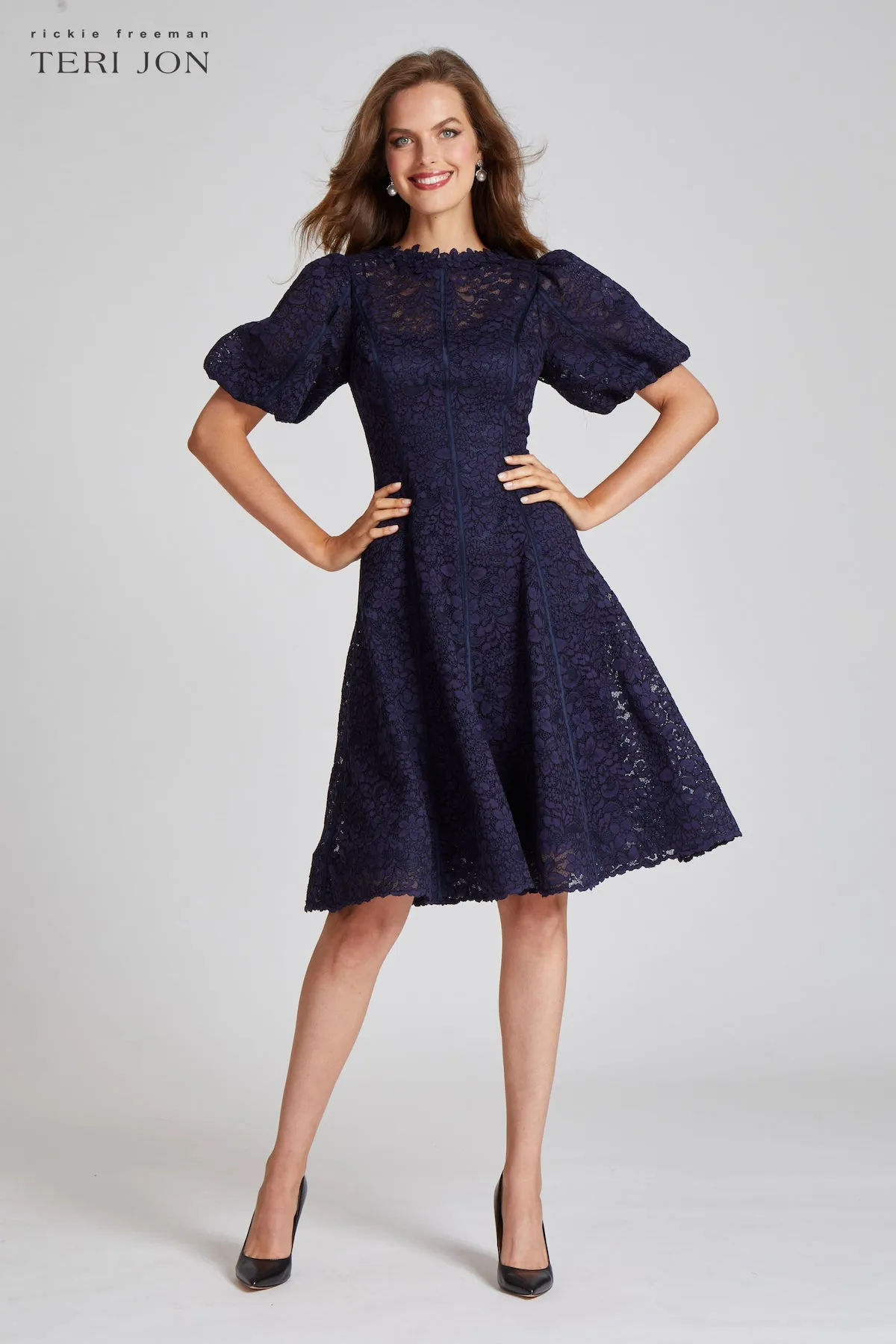 Embroided Lace Fit N Flare Puff Sleeve Dress sold by Teri Jon