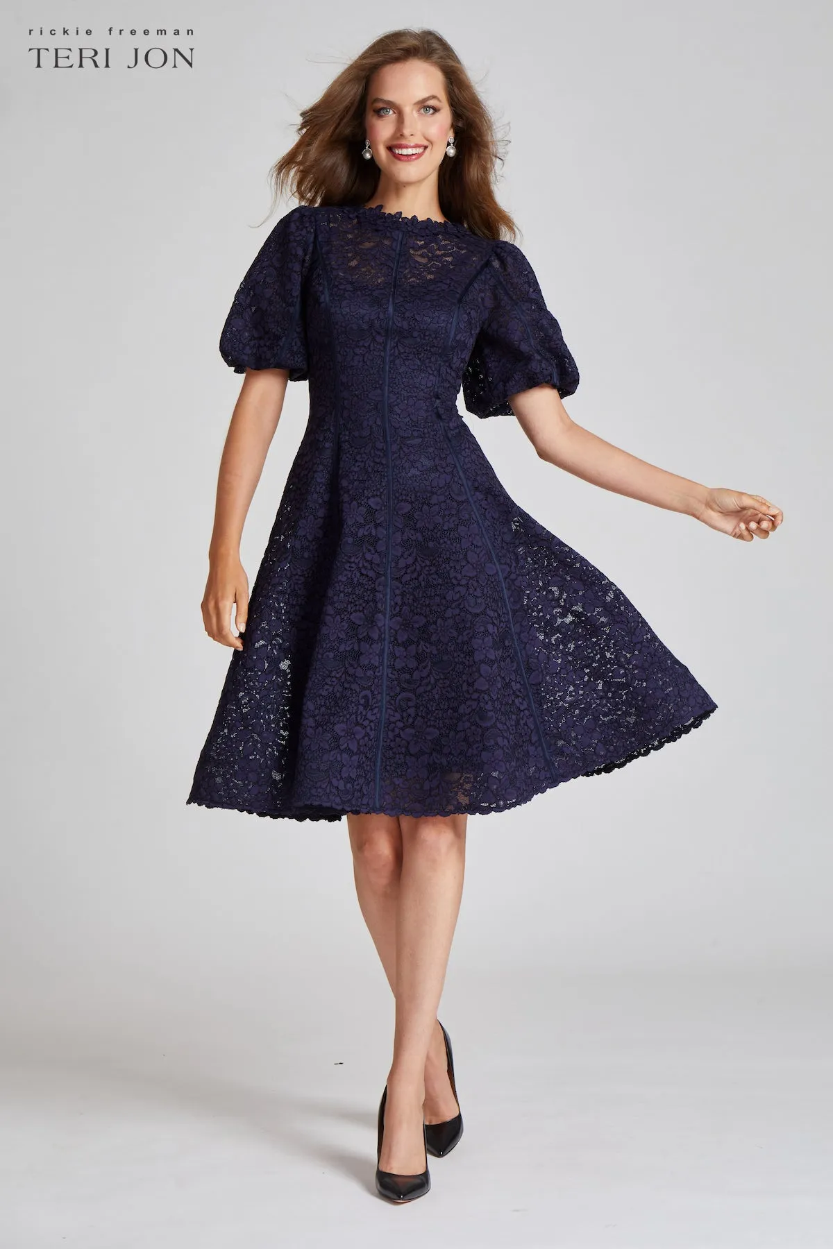 Embroided Lace Fit N Flare Puff Sleeve Dress sold by Teri Jon product image thumbnail 2