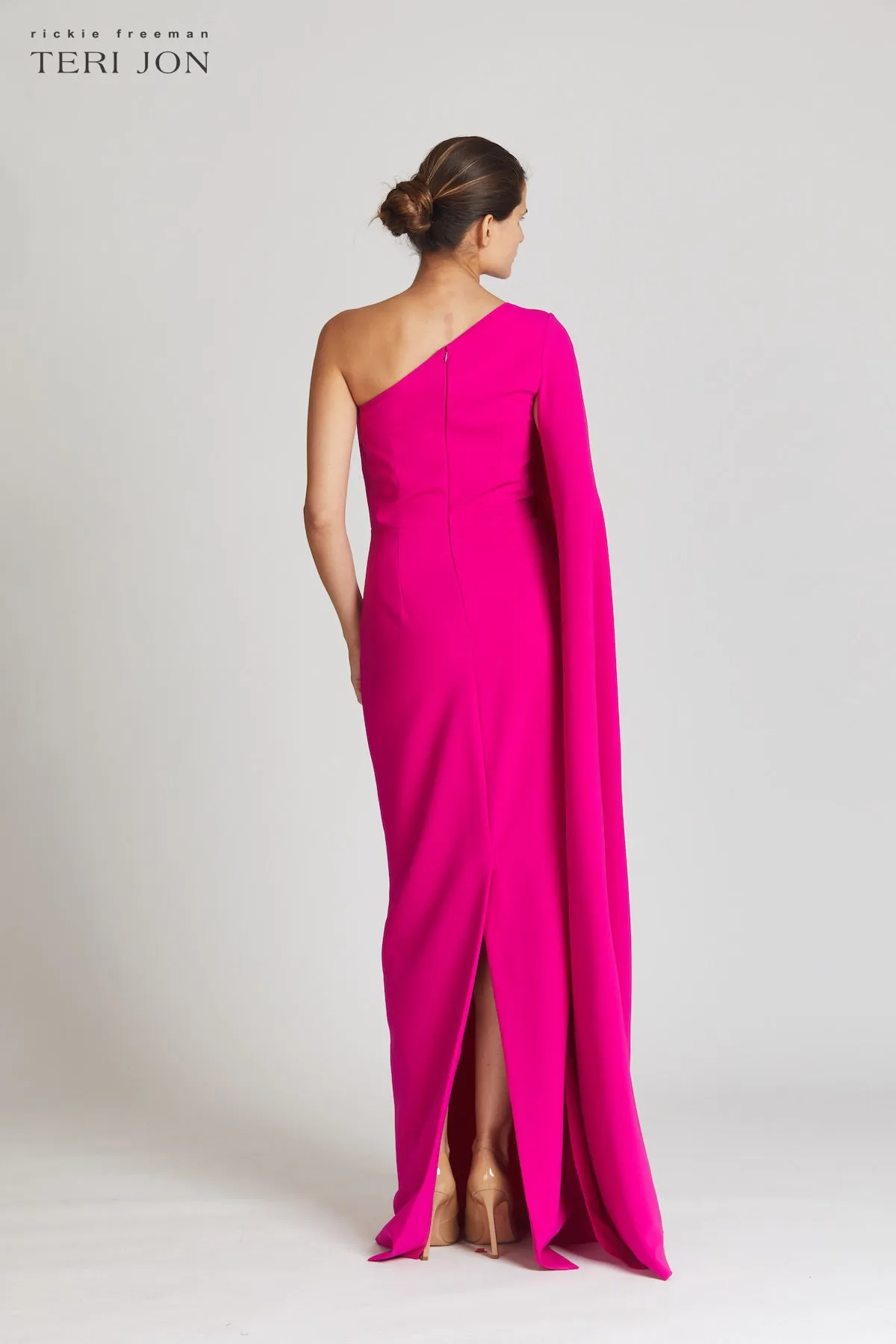Stretch Crepe Cape One Shoulder Sleeve Gown sold by Teri Jon product image thumbnail 3
