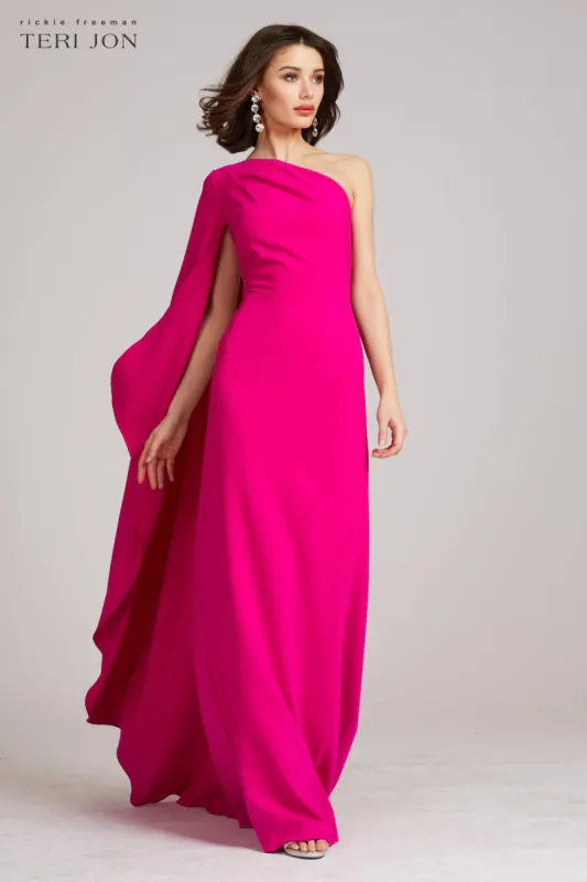 Stretch Crepe Cape One Shoulder Sleeve Gown sold by Teri Jon