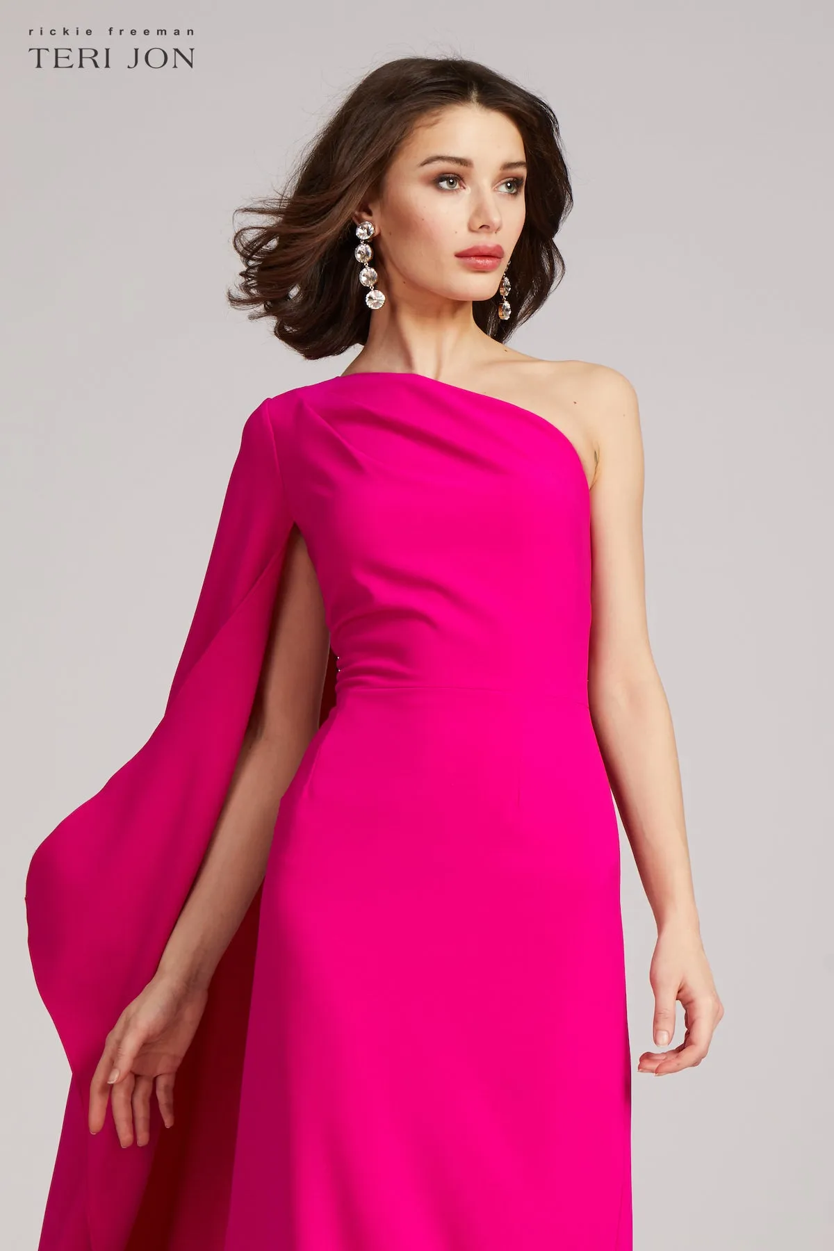 Stretch Crepe Cape One Shoulder Sleeve Gown sold by Teri Jon product image thumbnail 2