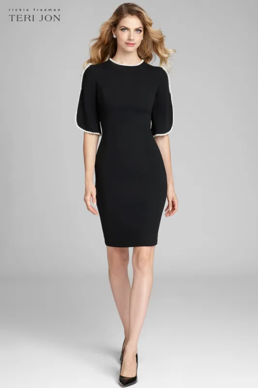 Short Sleeve Pearl Trim Crepe Sheath Dress sold by Teri Jon