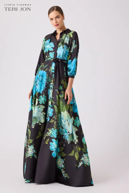 Twill Floral Shirt Waist Maxi Gown sold by Teri Jon