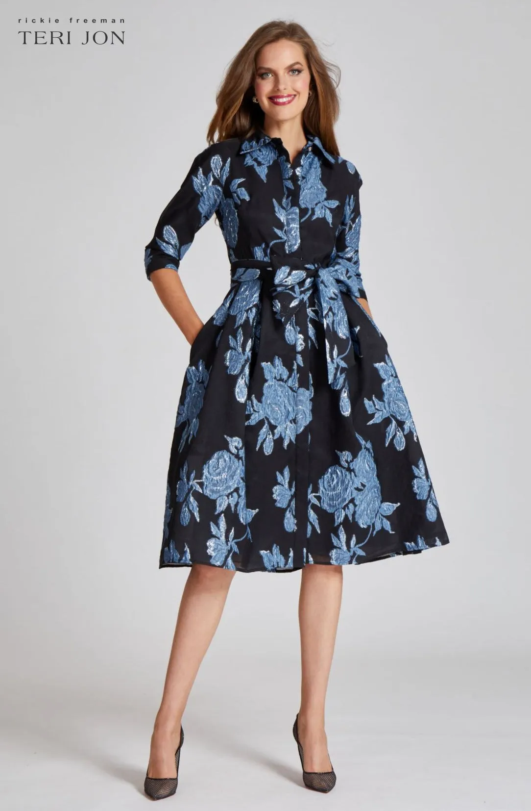 Metallic Jacquard Shirt Dress with Floral Print sold by Teri Jon product image thumbnail 5