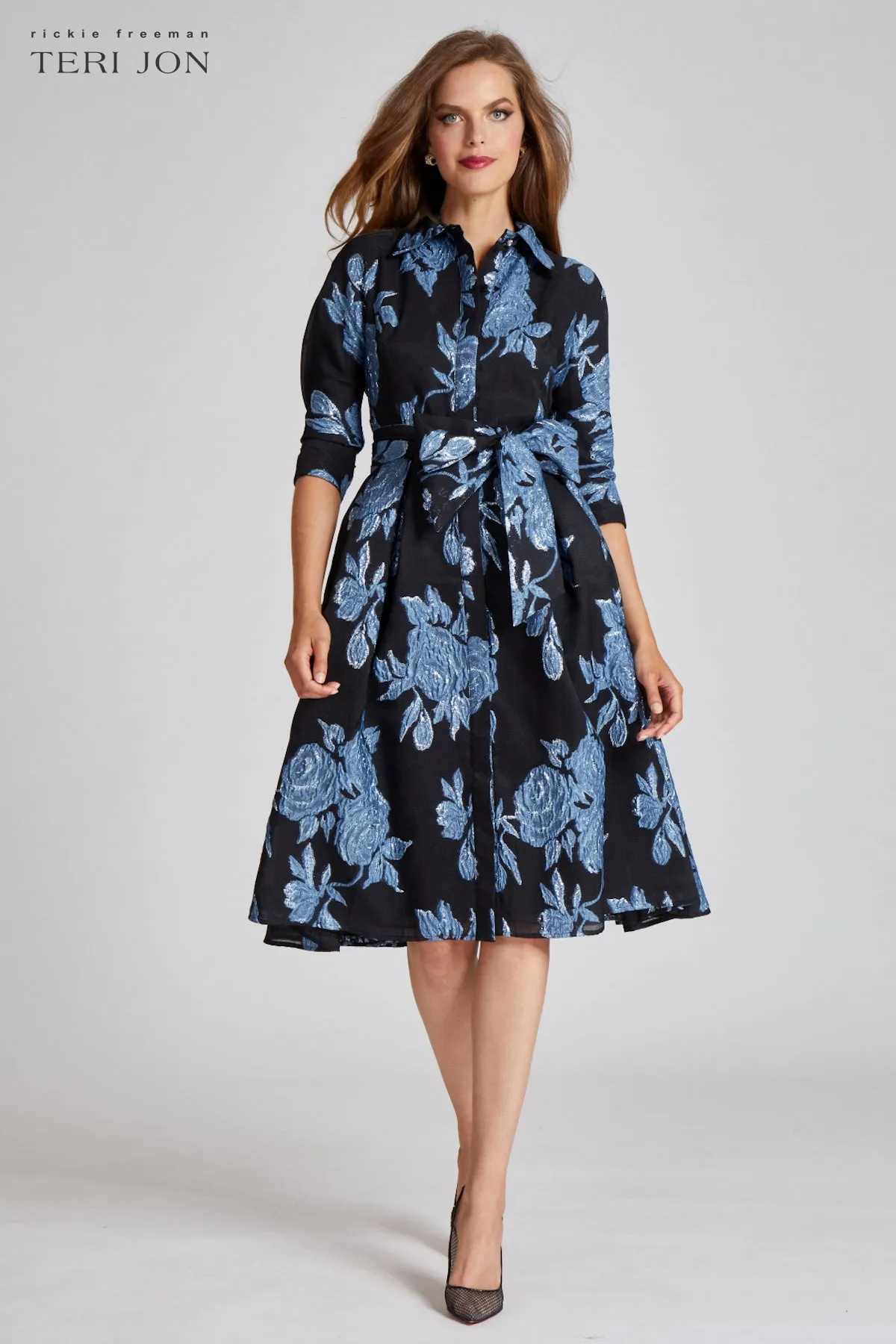 Metallic Jacquard Shirt Dress with Floral Print sold by Teri Jon