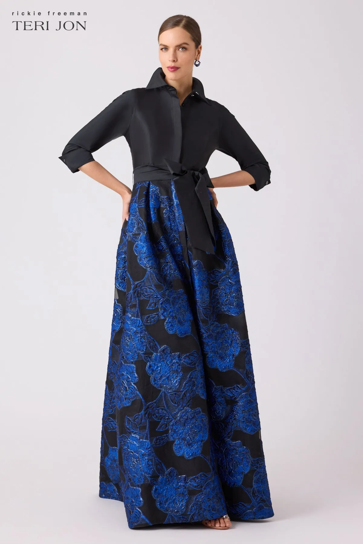 Taffeta and Jacquard Floral Pattern Shirtdress sold by Teri Jon product image thumbnail 2