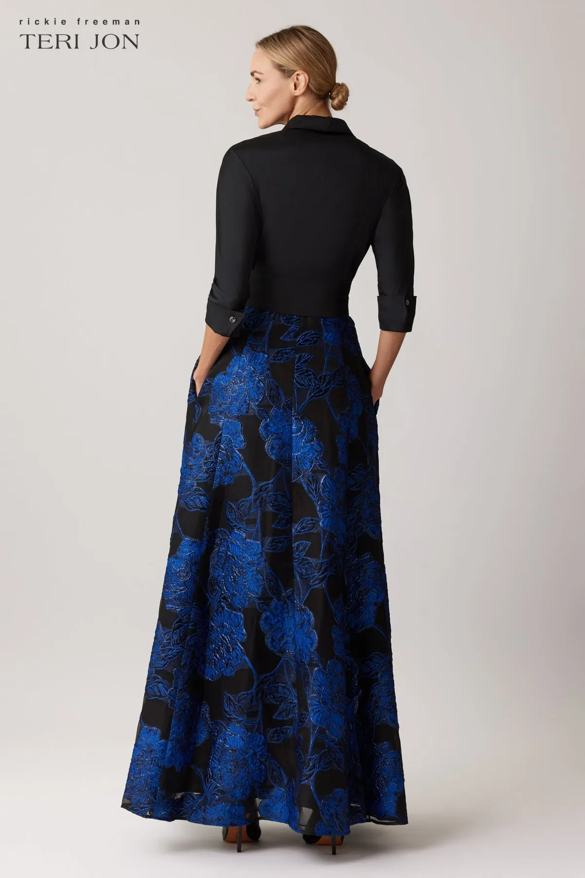 Taffeta and Jacquard Floral Pattern Shirtdress sold by Teri Jon product image thumbnail 3