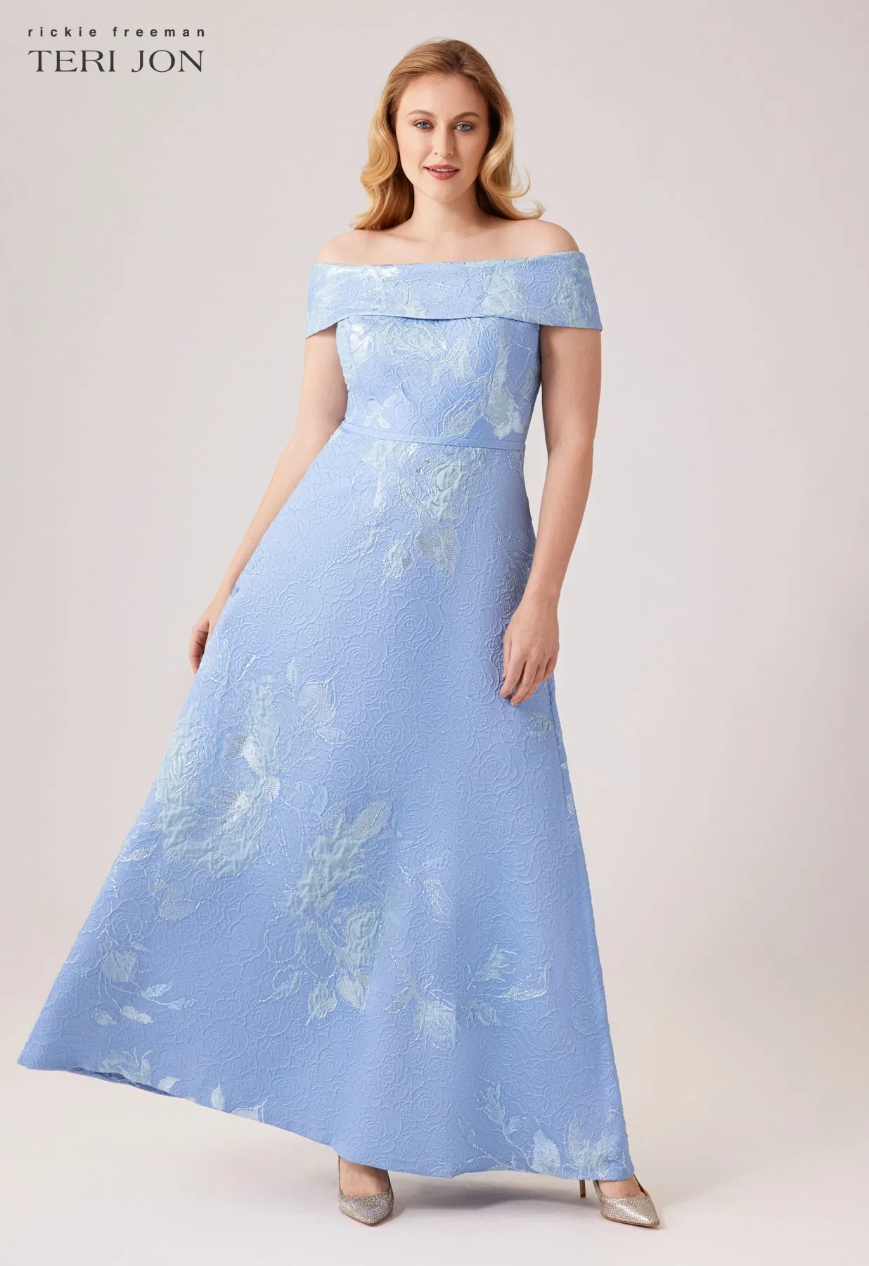 Large Floral Pattern Jacquard Off the Shoulder Gown sold by Teri Jon product image thumbnail 2