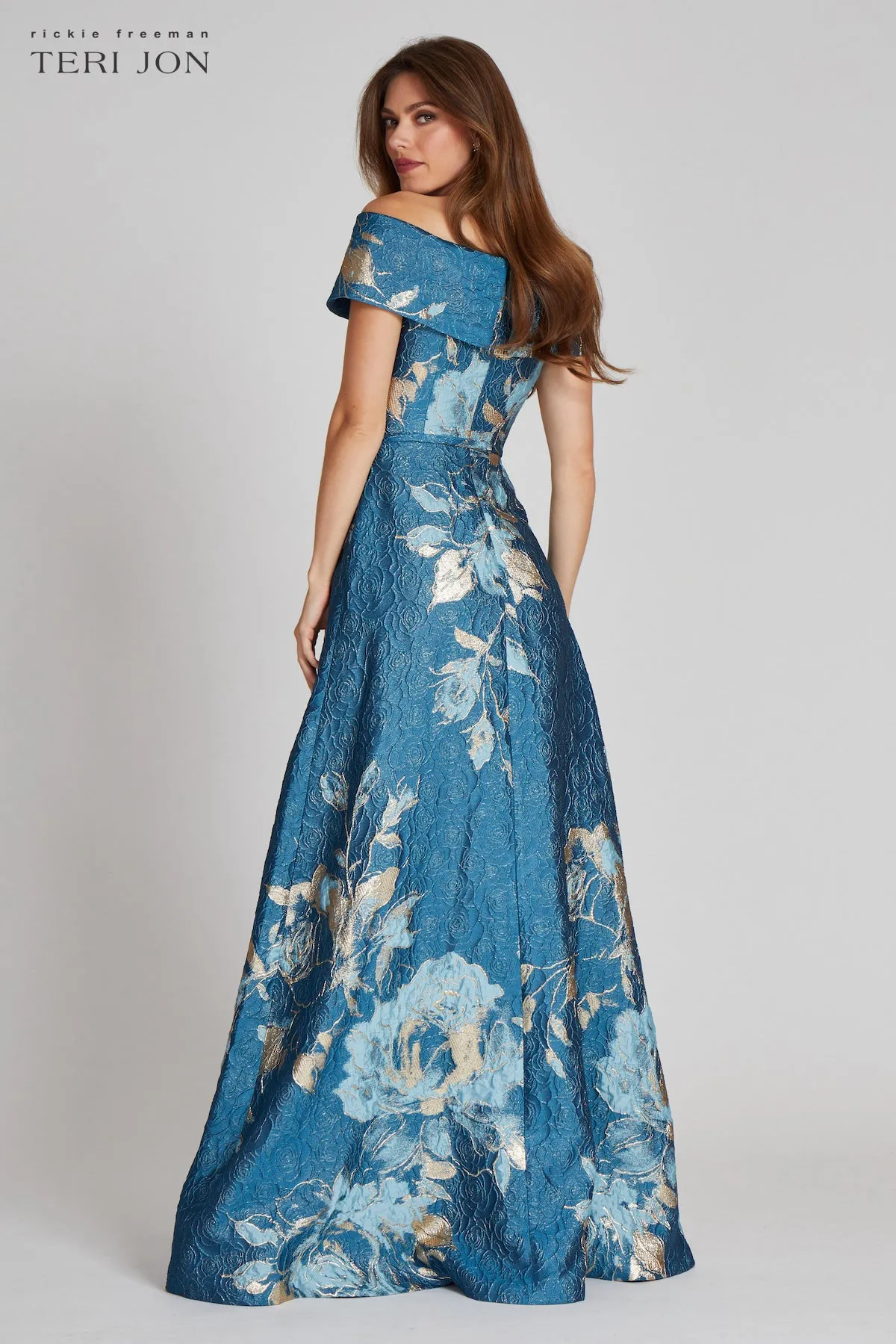Large Floral Pattern Jacquard Off the Shoulder Gown sold by Teri Jon product image thumbnail 5
