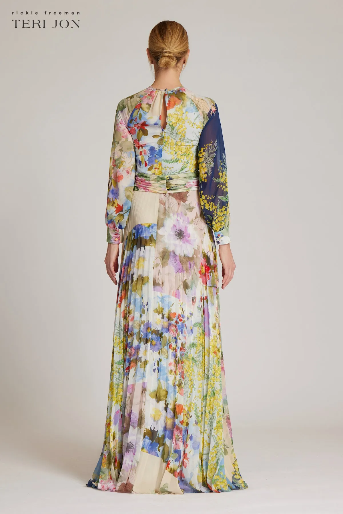 Patchwork Print Pleated Chiffon Maxi Gown sold by Teri Jon product image thumbnail 4