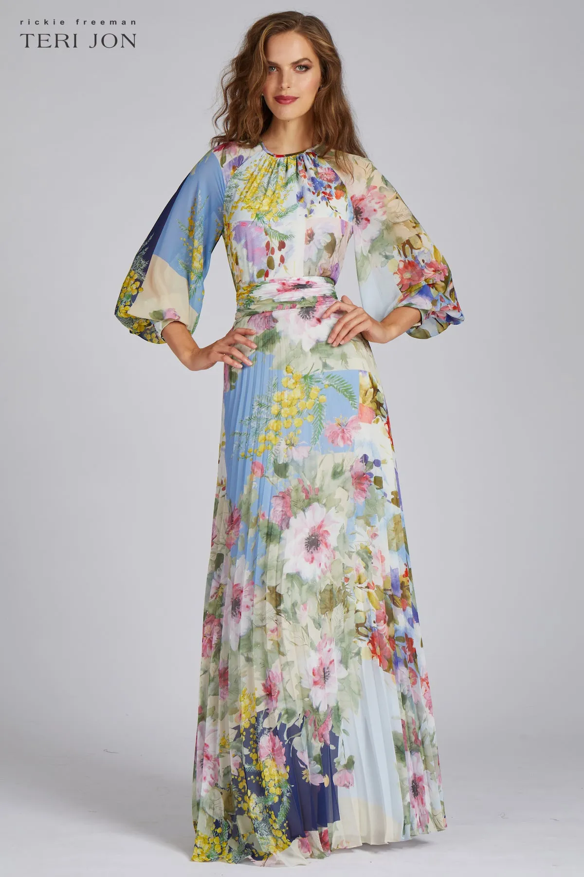 Patchwork Print Pleated Chiffon Maxi Gown sold by Teri Jon product image thumbnail 5